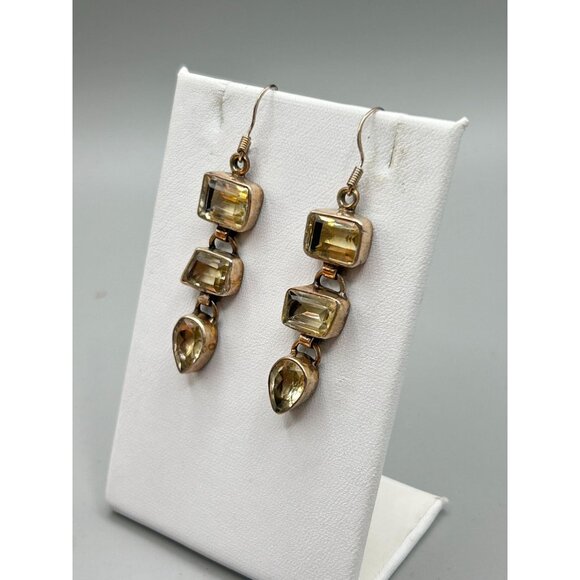 Citrine Glass Sterling Silver Dangles Earrings Dangles Geometric Drops Design - Picture 3 of 8